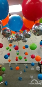 Pink, orange, green, silver, clear and blue balloon bubbles.