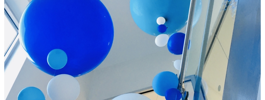 Blue and white balloon bobble display.
