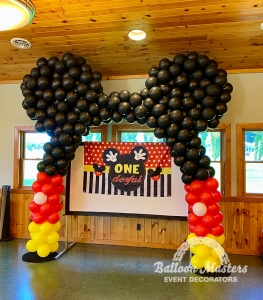 A yellow, red and black balloon arch shaped to look like mickey mouse.